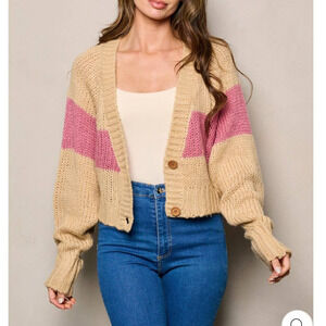 Malibu Bum Womens Colorblock Cardigan Sweater Tan Pink Dolman Sleeves New